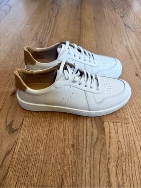 Nisolo White Leather Sneakers with Brown Heel Accent